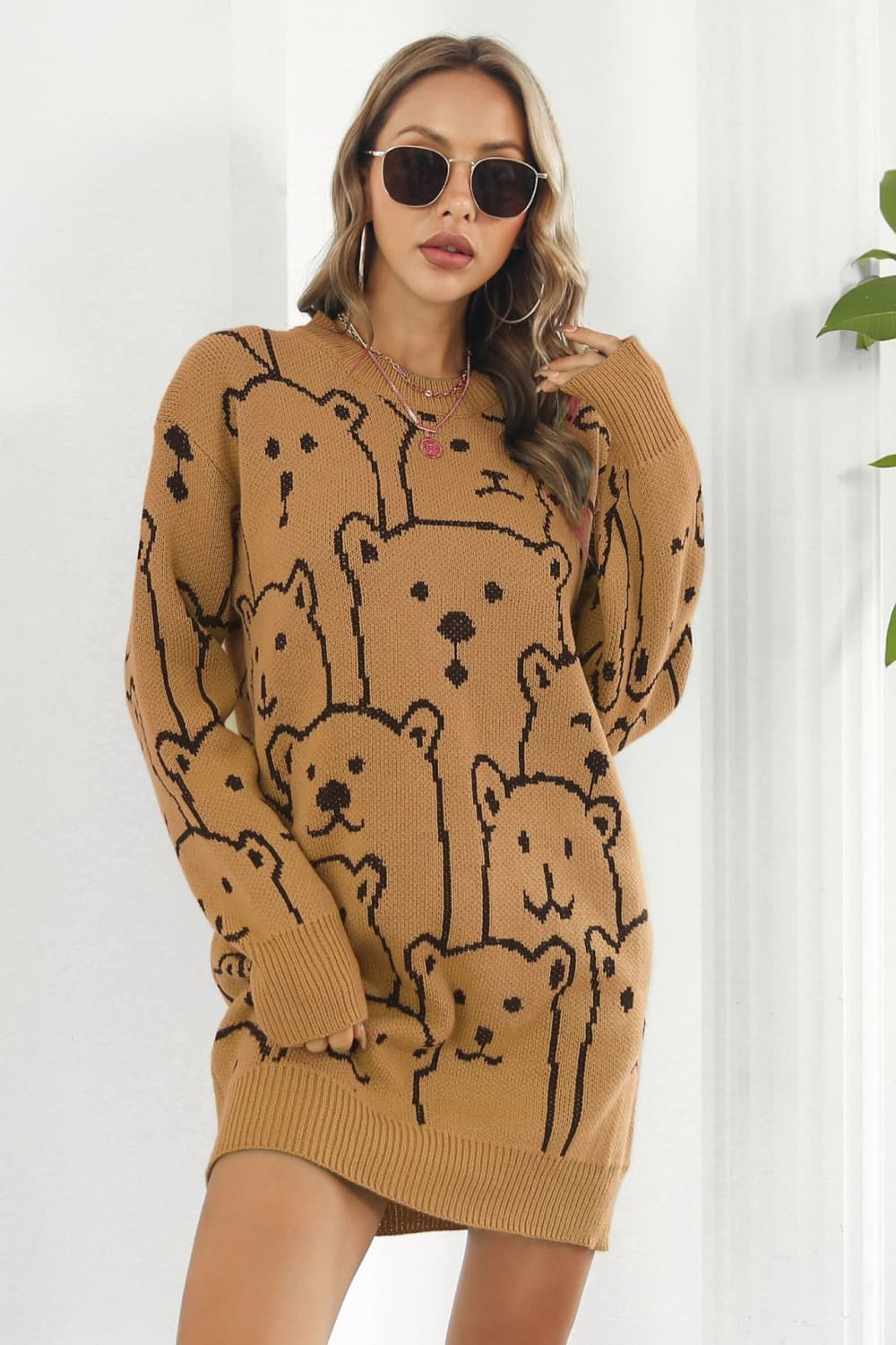 Bear Pattern Round Neck Sweater Dress - The Boutie Shop