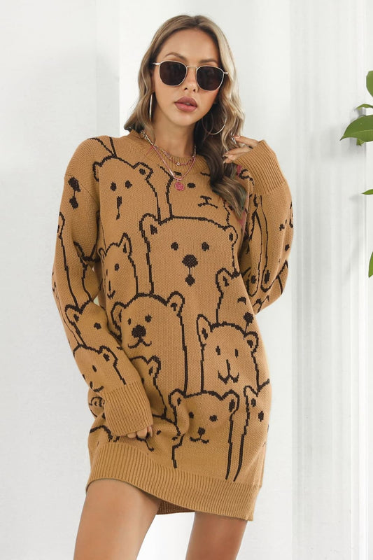 Bear Pattern Round Neck Sweater Dress - The Boutie Shop