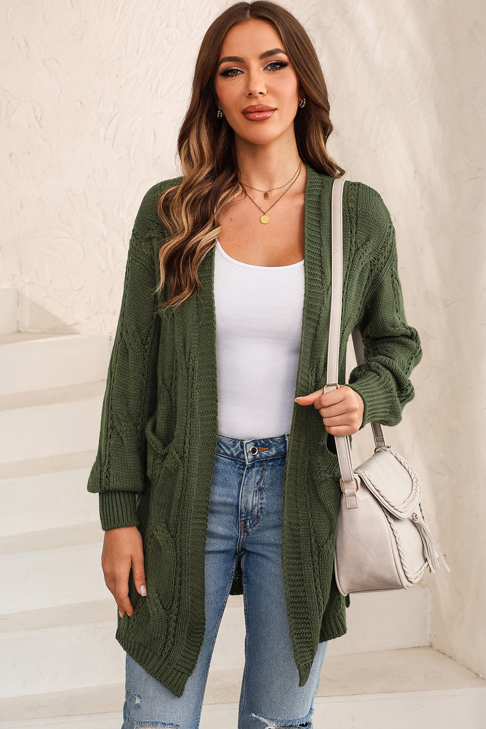 Cable-Knit Dropped Shoulder Slit Cardigan - The Boutie Shop