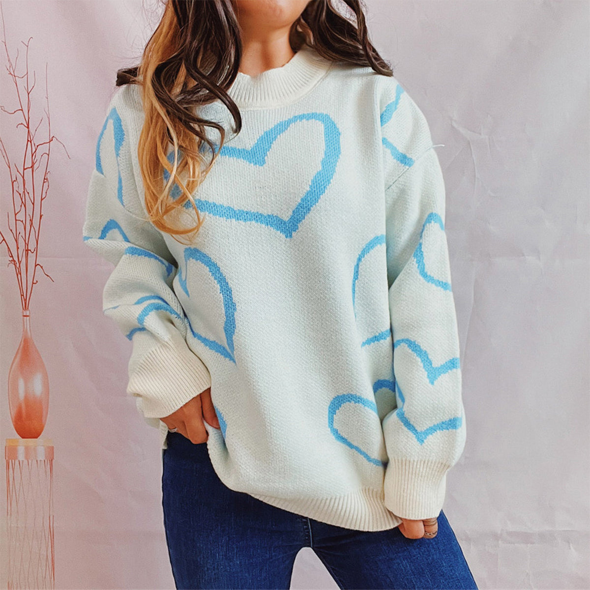 Heart Pattern Long Sleeve Sweater - The Boutie Shop