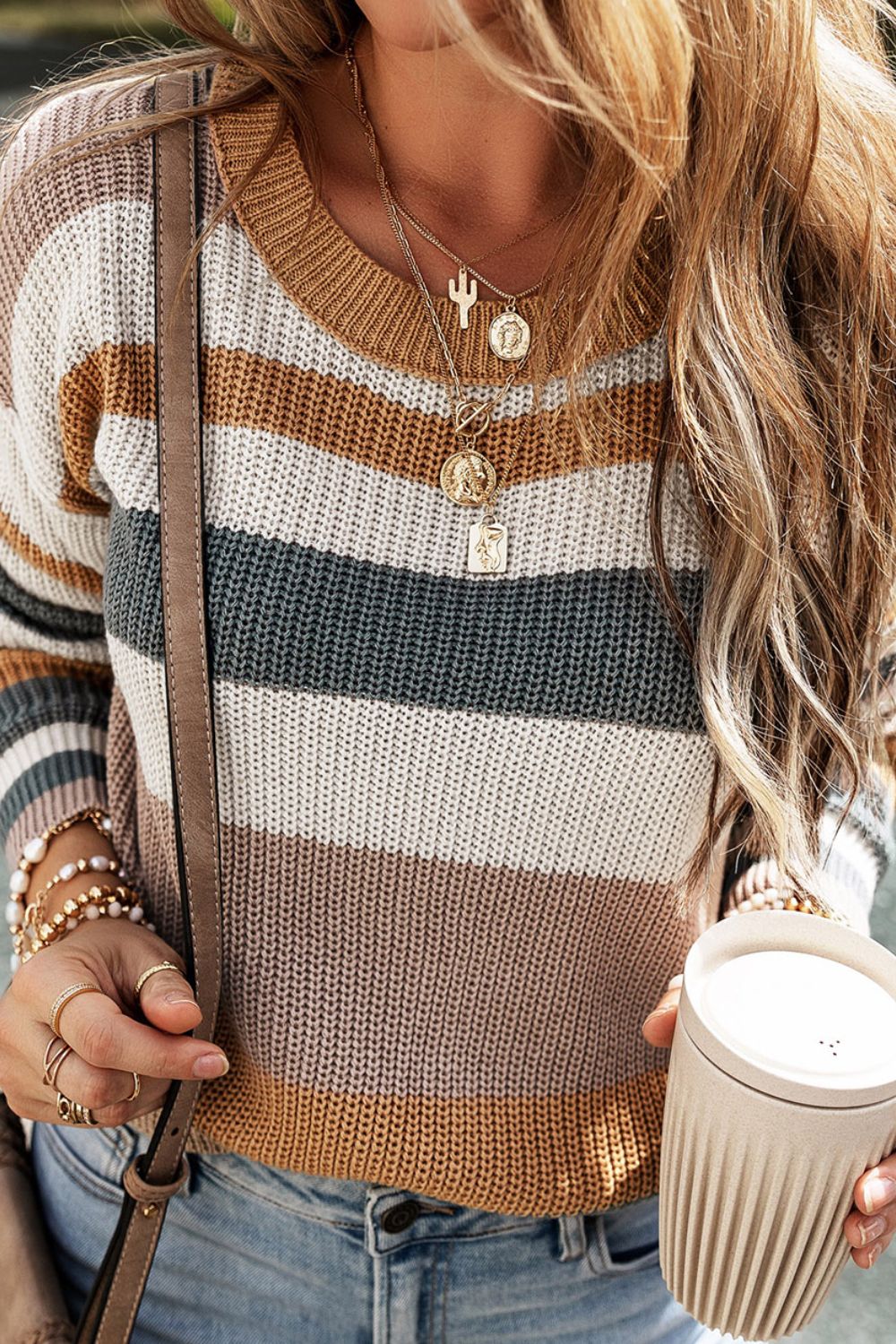 Striped Round Neck Dropped Shoulder Sweater - The Boutie Shop