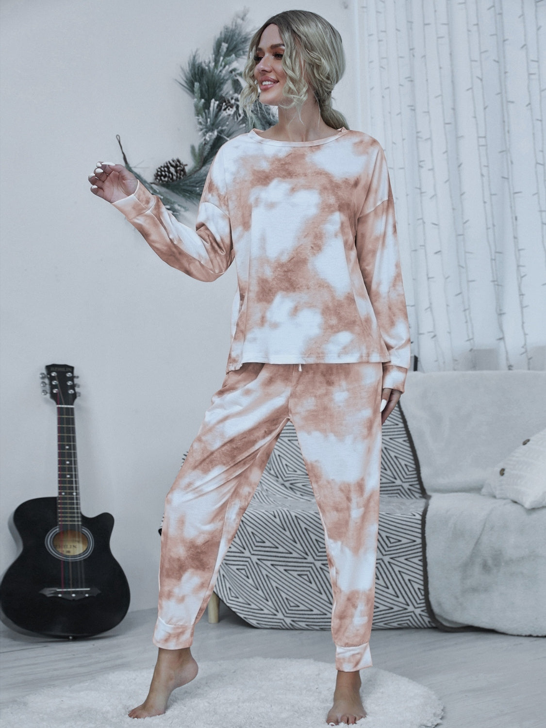 Shiny Tie-dye Round Neck Top and Drawstring Pants Lounge Set - The Boutie Shop