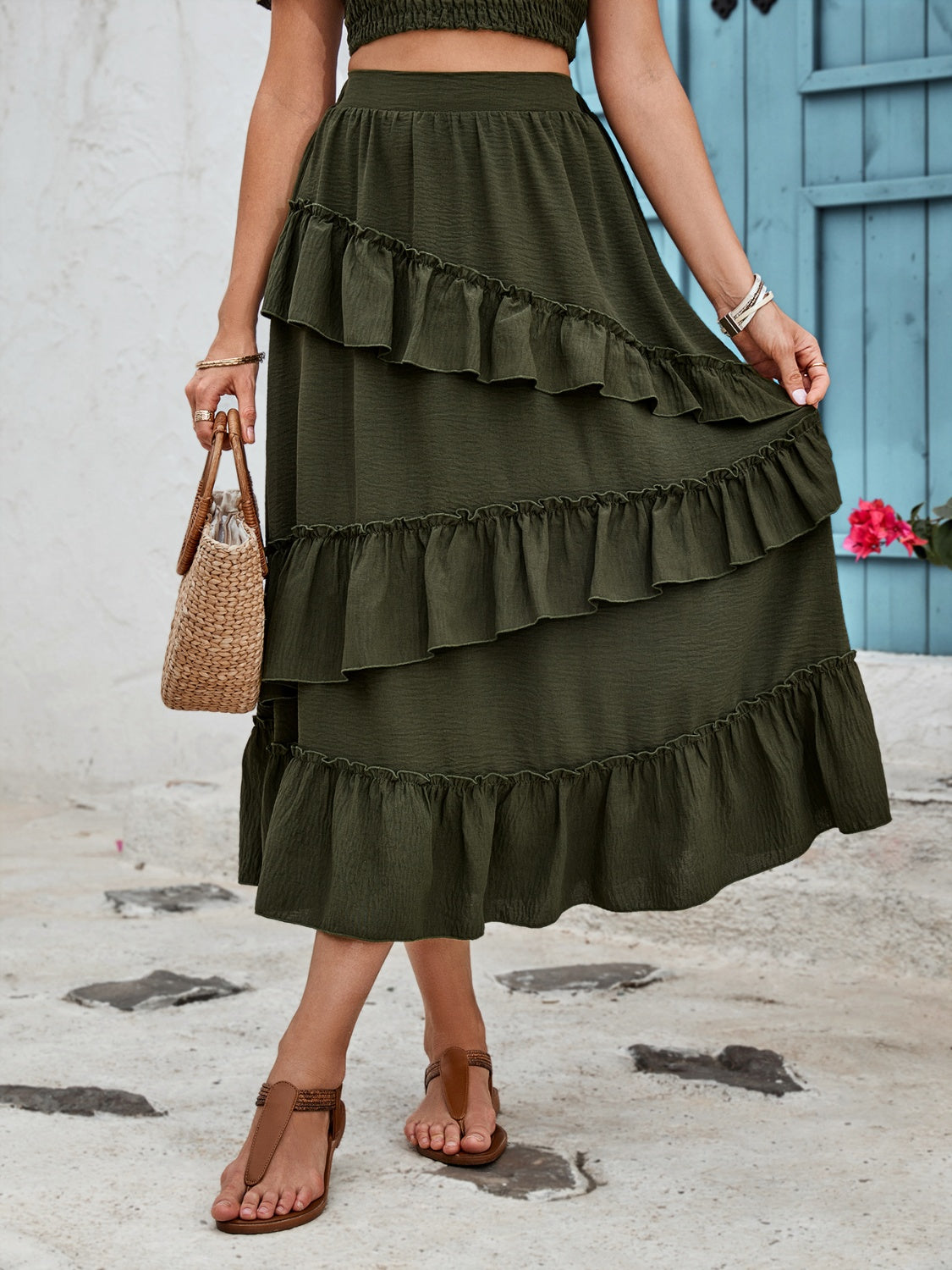 Honey Ruffled Elastic Waist Midi Skirt - The Boutie Shop