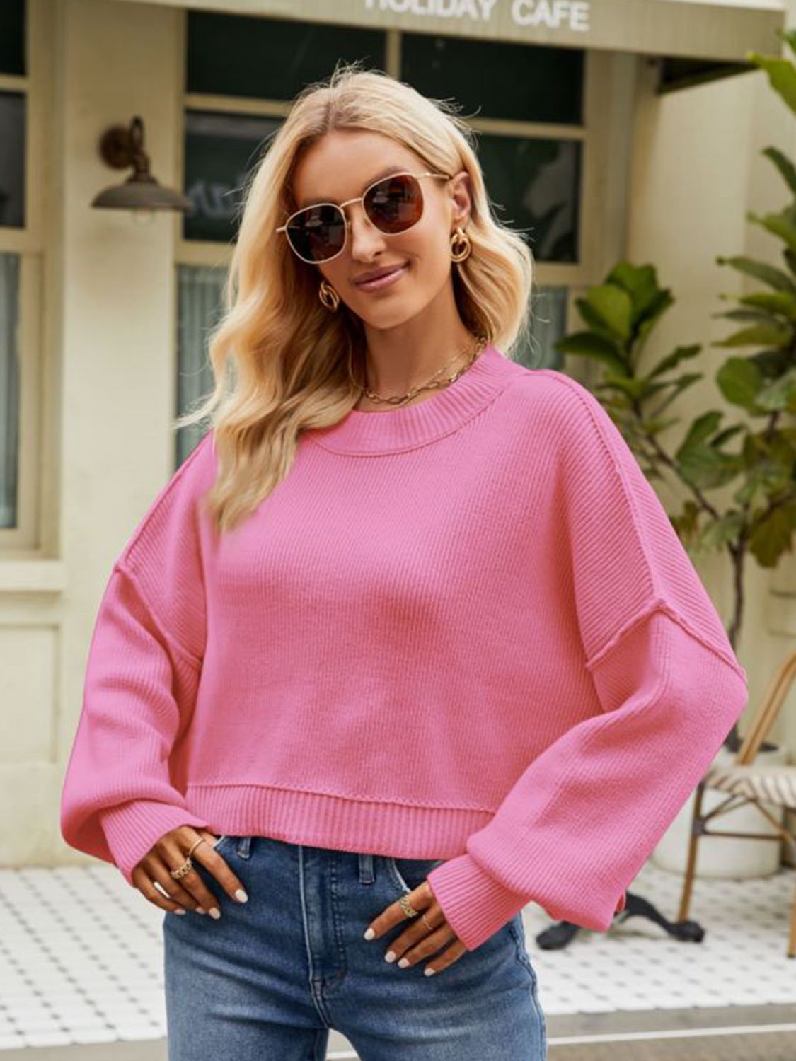 Round Neck Dropped Shoulder Sweater - The Boutie Shop