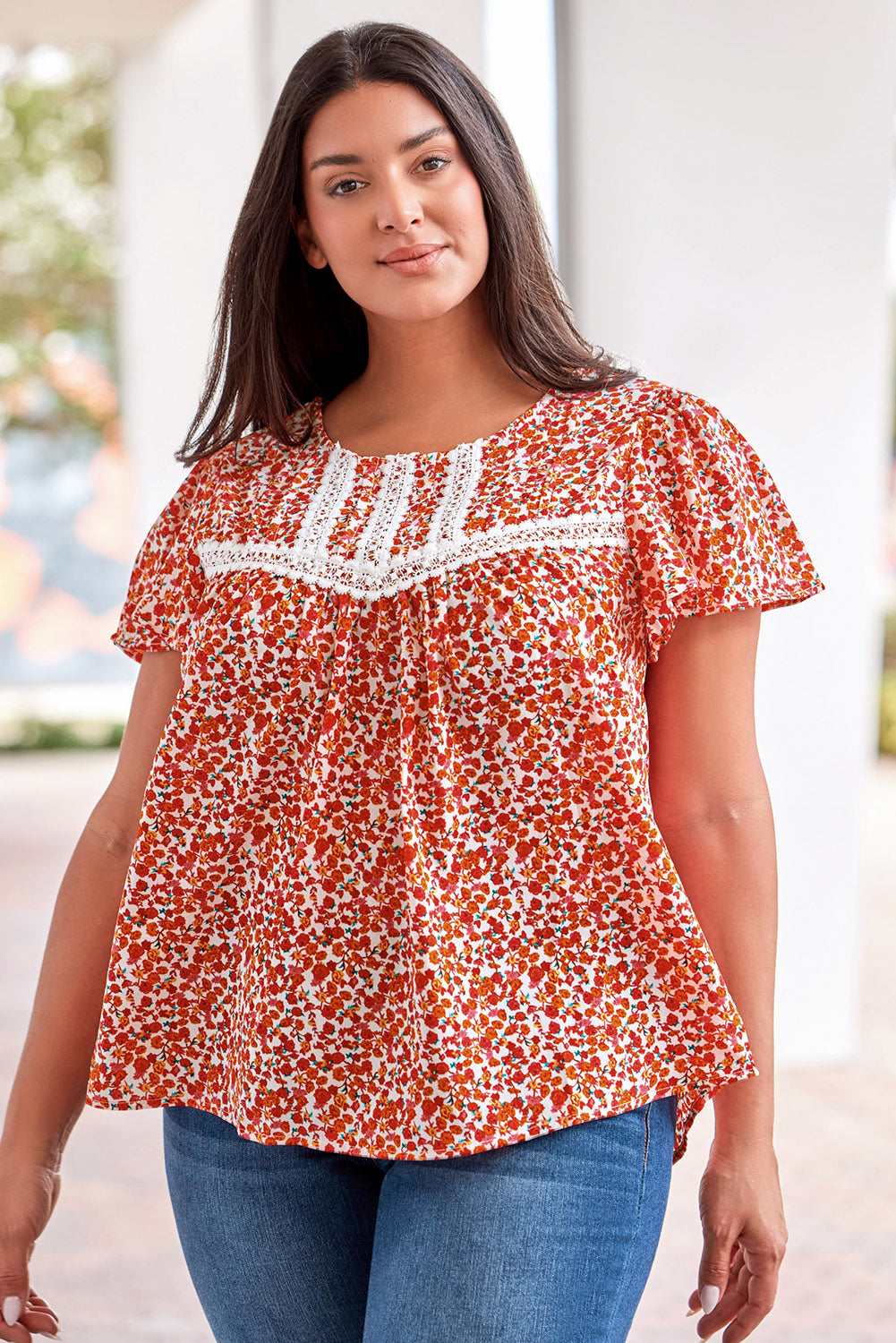 Plus Size Floral Lace Trim Round Neck Blouse - The Boutie Shop