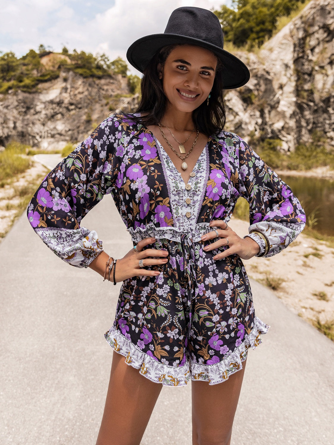 Printed Frill Half Button Balloon Sleeve Romper - The Boutie Shop