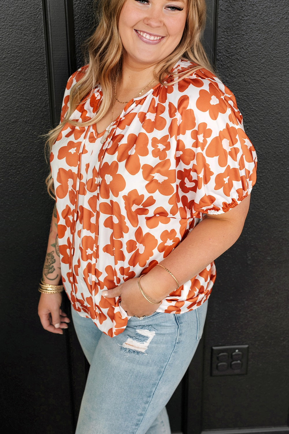 Plus Size Printed Tie Neck Short Sleeve Blouse - The Boutie Shop