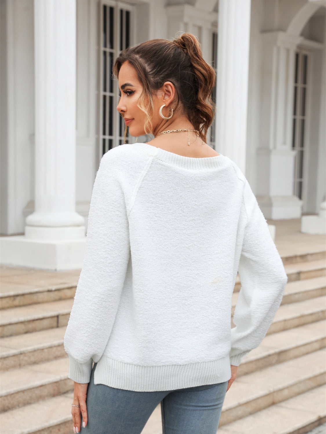 Angel Wings Round Neck Ribbed Trim Sweater - The Boutie Shop