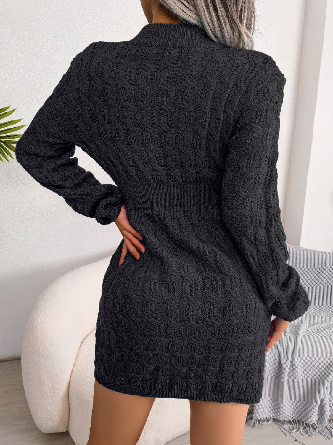 Cable-Knit Round Neck Mini Wrap Sweater Dress - The Boutie Shop