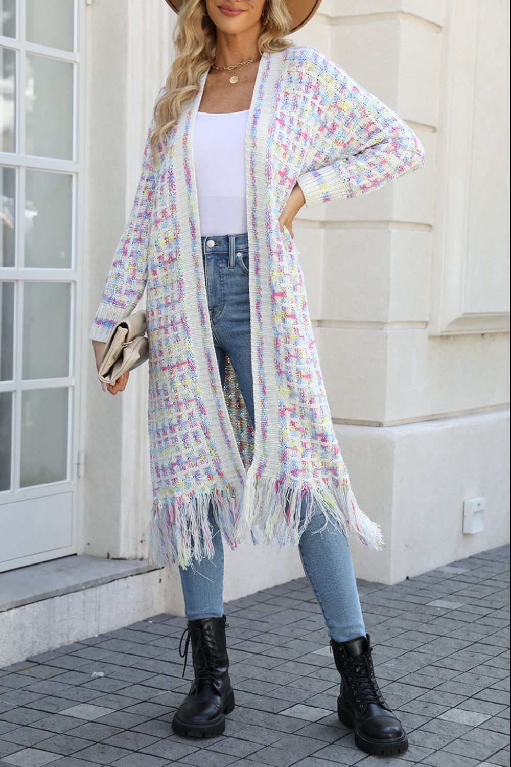 Angel Wings Full Size Multicolored Open Front Fringe Hem Cardigan - The Boutie Shop