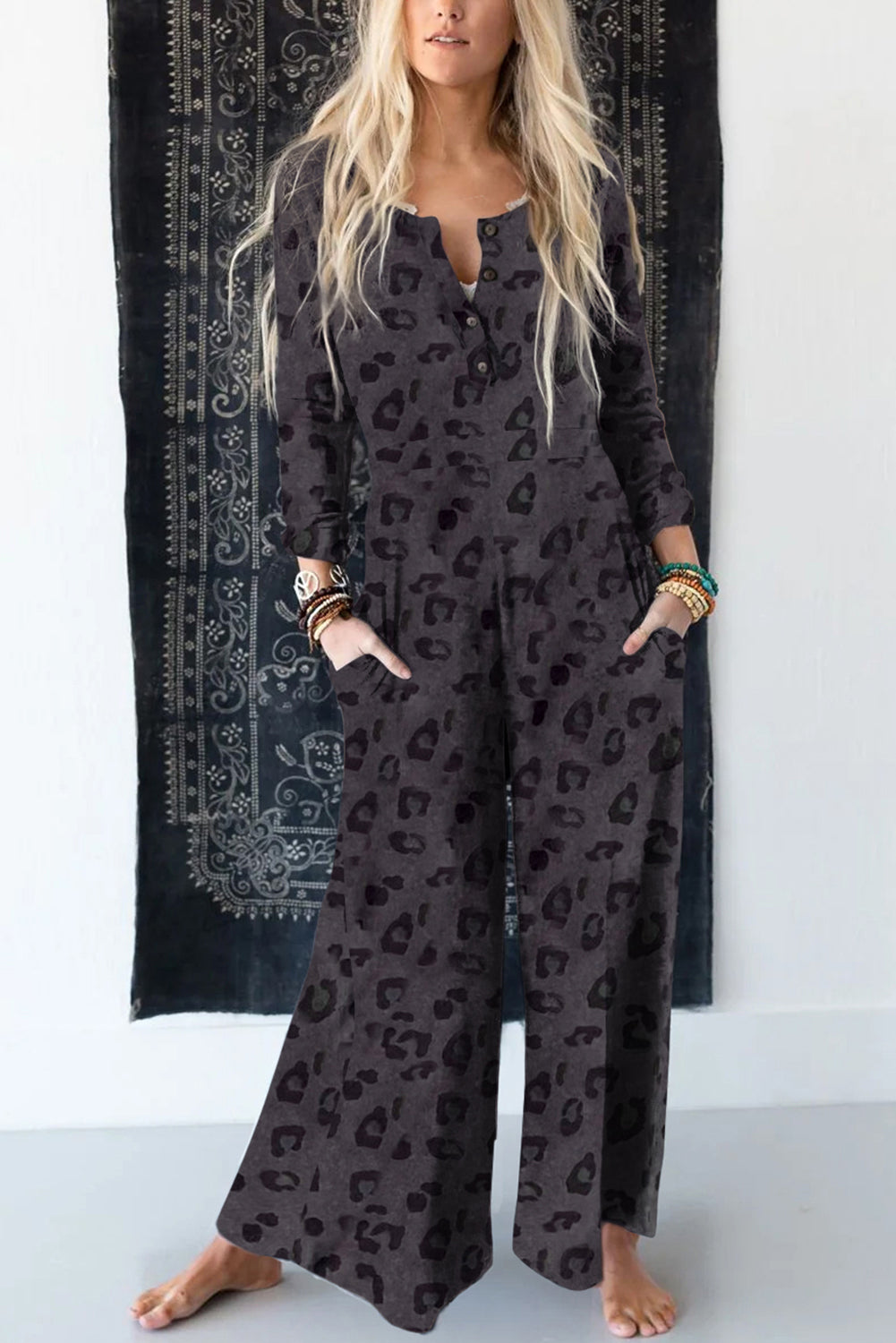 Leopard Buttoned Wide Leg Jumpsuit - The Boutie Shop