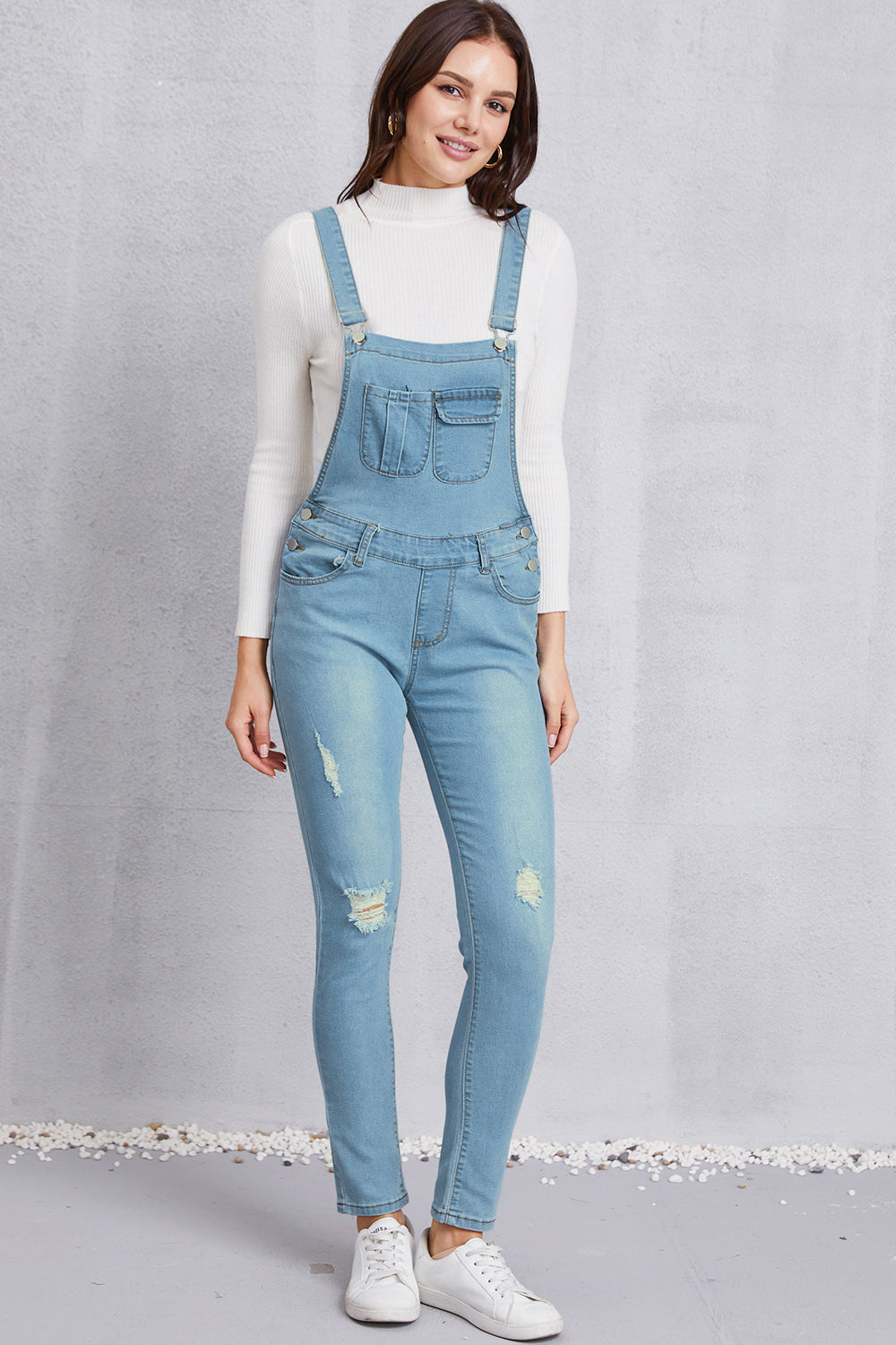 Distressed Washed Denim Overalls with Pockets - The Boutie Shop