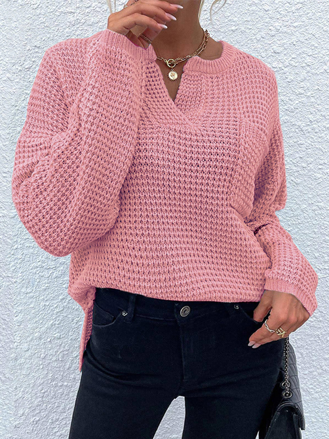 Notched Long Sleeve Sweater - The Boutie Shop