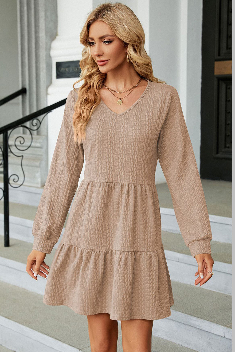 V-Neck Long Sleeve Mini Dress - The Boutie Shop