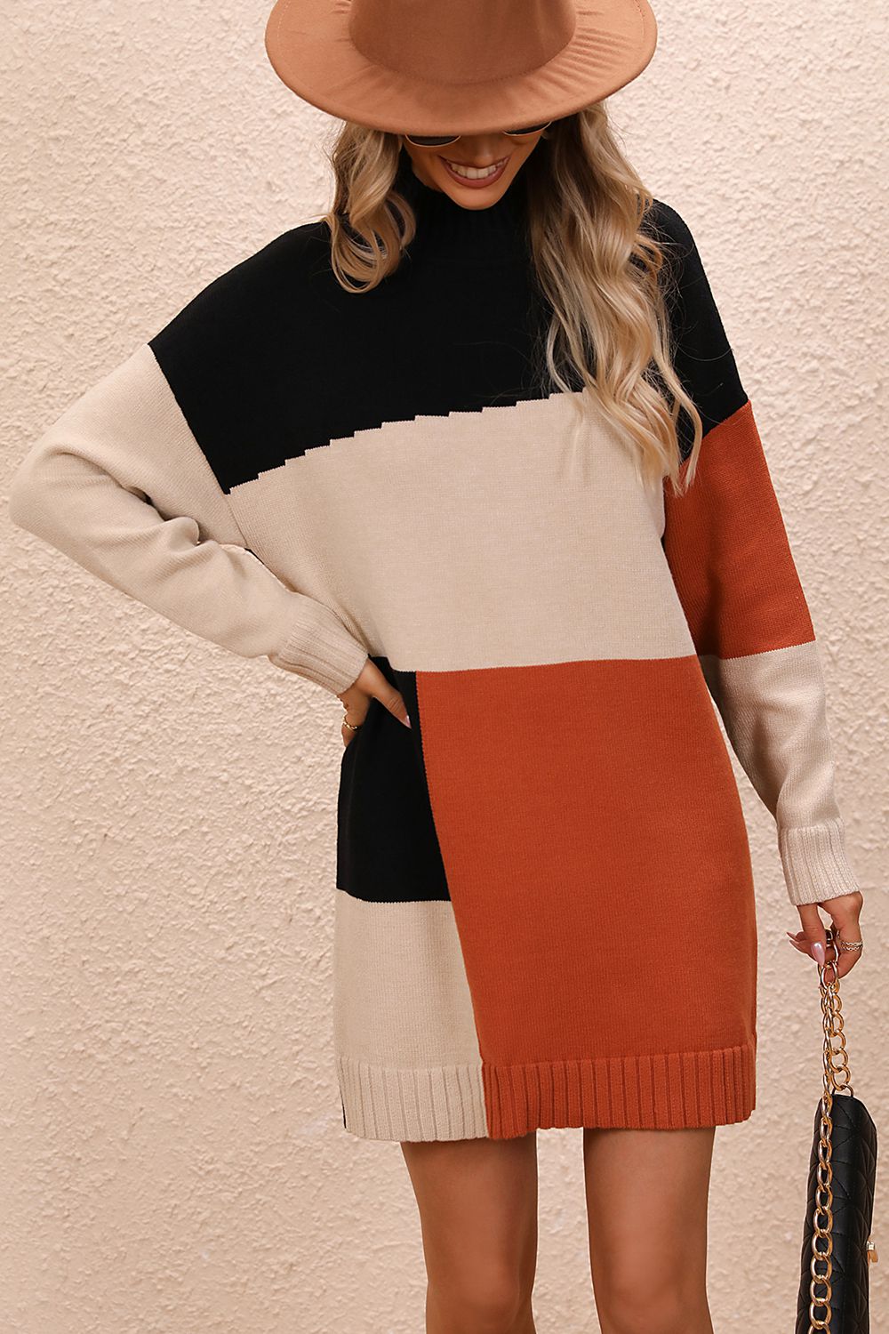 Color Block Mock Neck Dropped Shoulder Sweater Dress - The Boutie Shop