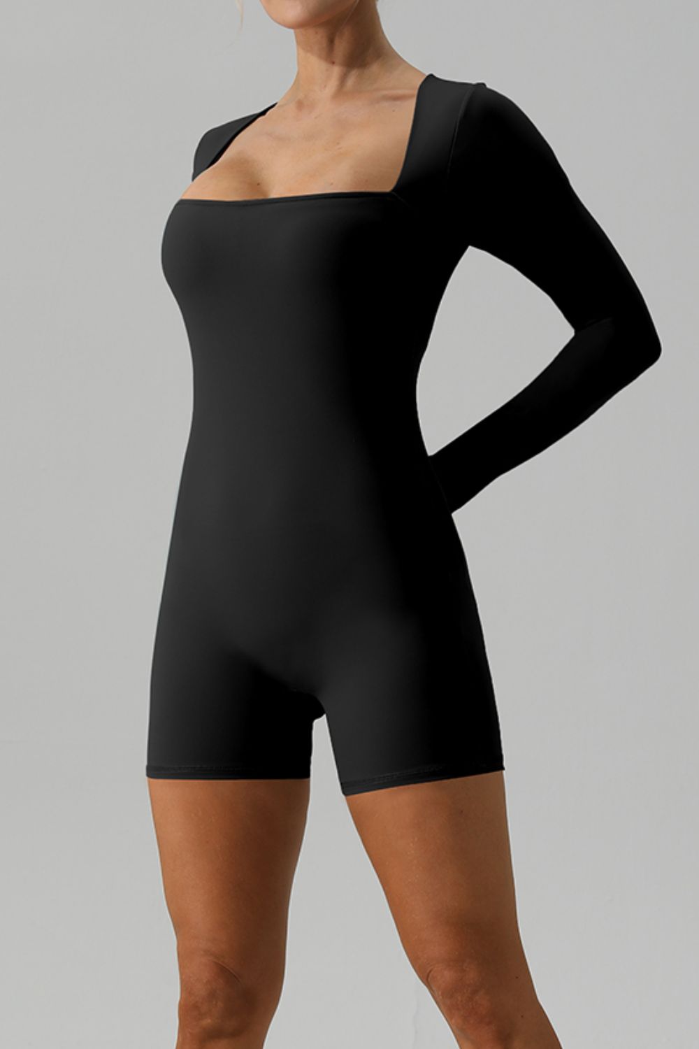 Square Neck Long Sleeve Active Romper - The Boutie Shop