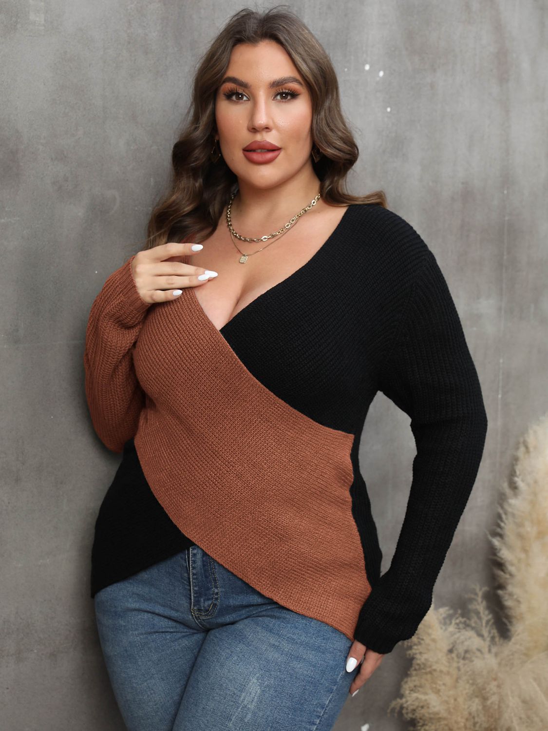 Plus Size Two-Tone Surplice Neck Sweater - The Boutie Shop