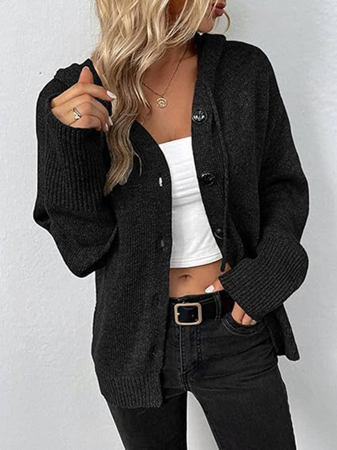 Button Up Drawstring Long Sleeve Hooded Cardigan - The Boutie Shop