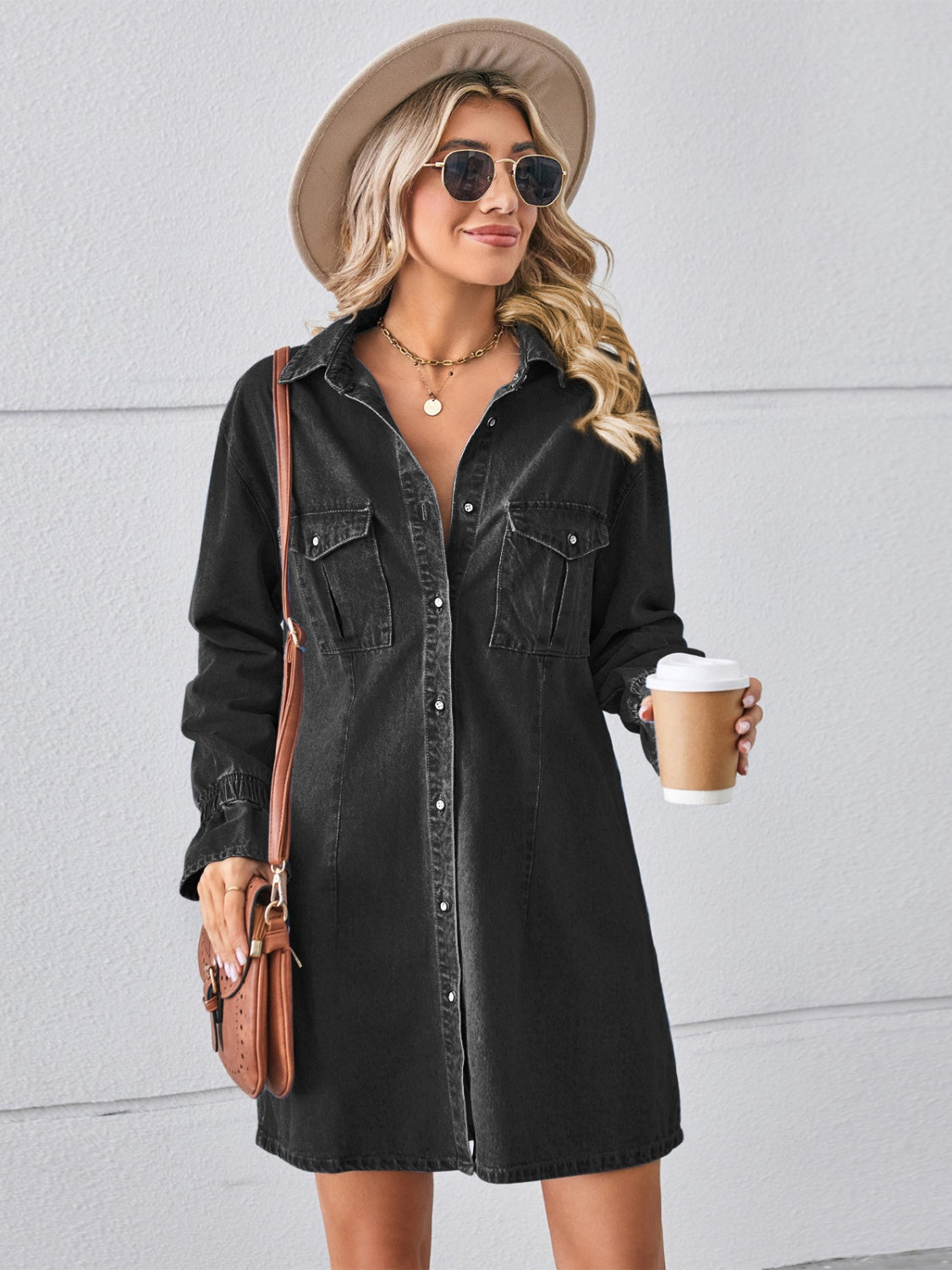 Pocketed Dropped Shoulder Mini Denim Dress - The Boutie Shop