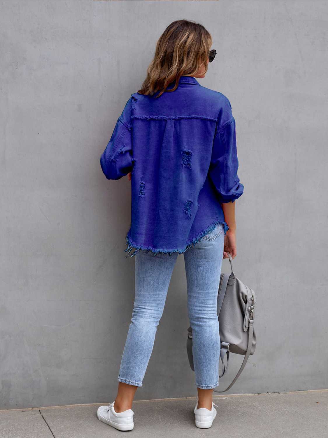 Distressed Drop Shoulder Denim Jacket - The Boutie Shop