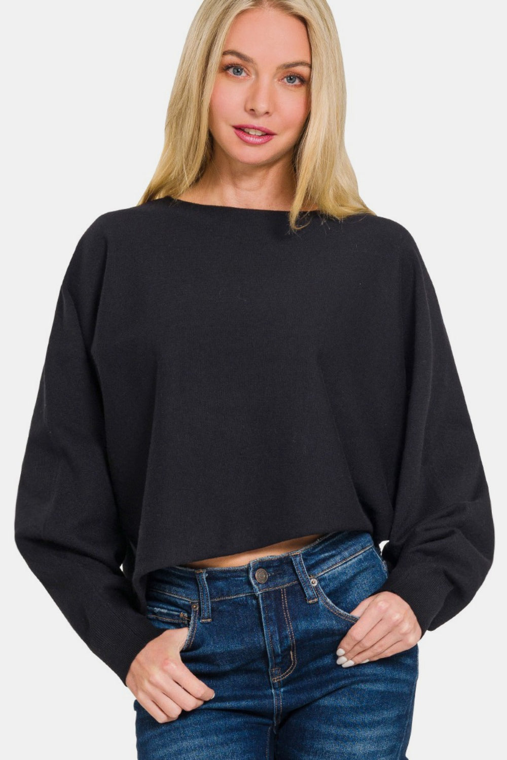 Zenana Asymmetric Hem Long Sleeve Sweater - The Boutie Shop