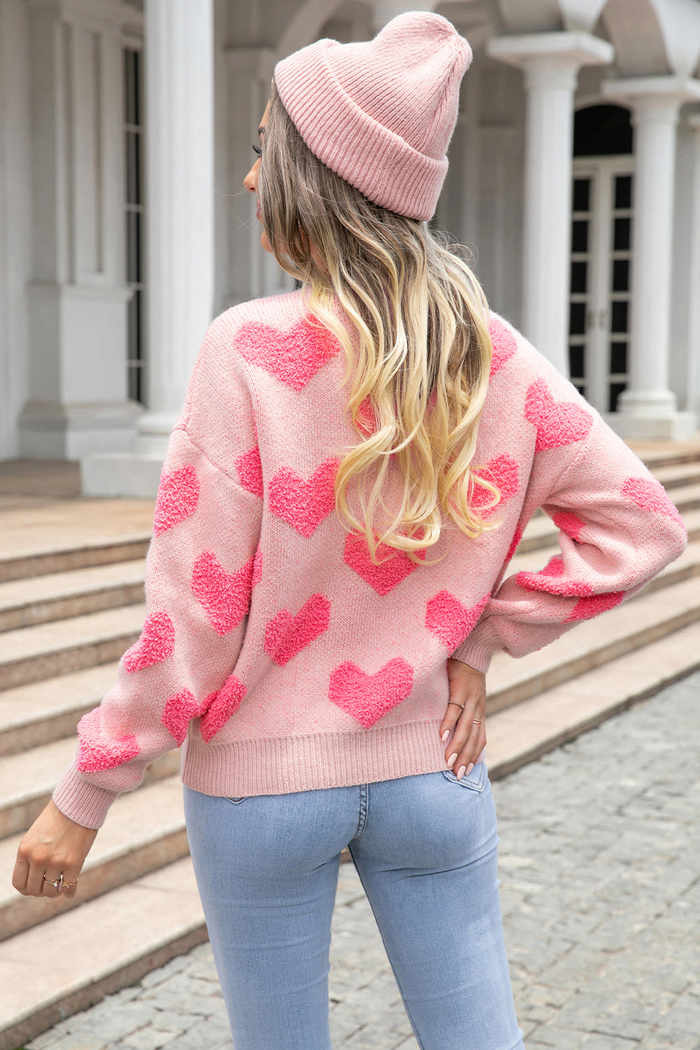 Angel Wings Round Neck Dropped Shoulder Sweater with Heart Pattern - The Boutie Shop