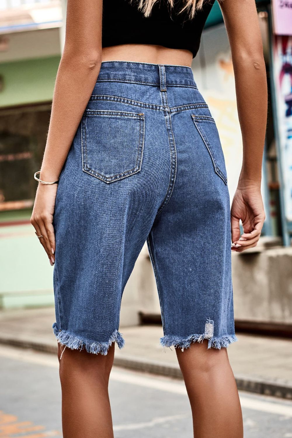 Raw Hem High Waist Denim Shorts with Pockets - The Boutie Shop