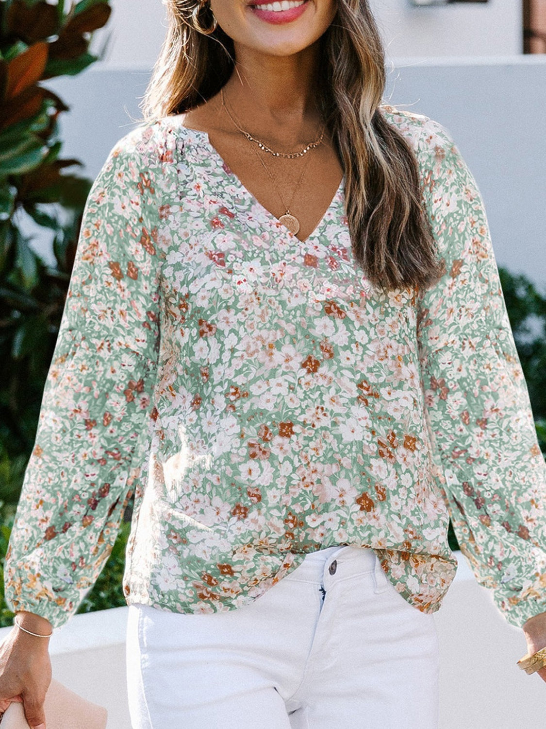 Floral Notched Balloon Sleeve Blouse - The Boutie Shop