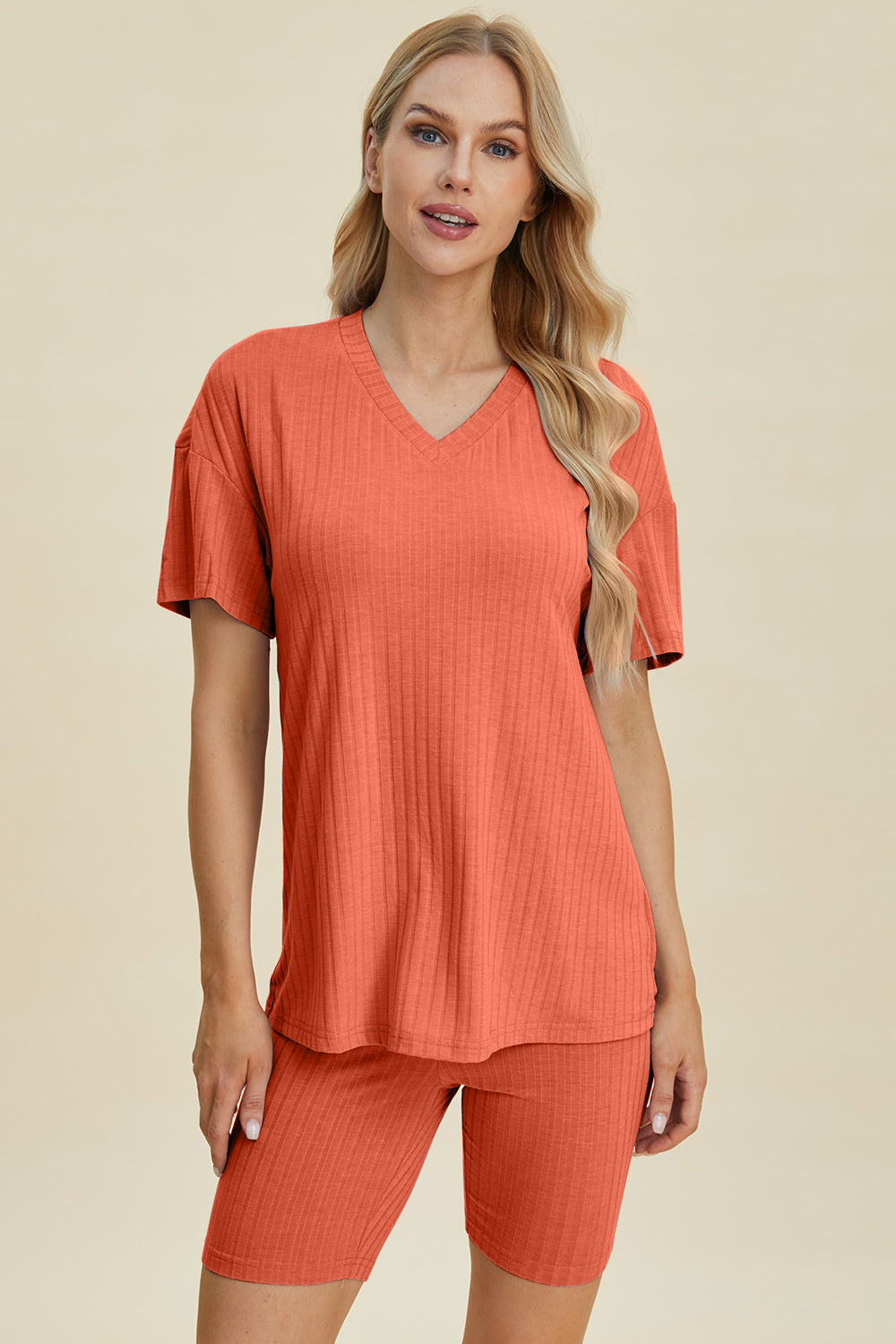 Basic Bae Full Size Ribbed V-Neck Short Sleeve Top and Shorts Set - The Boutie Shop