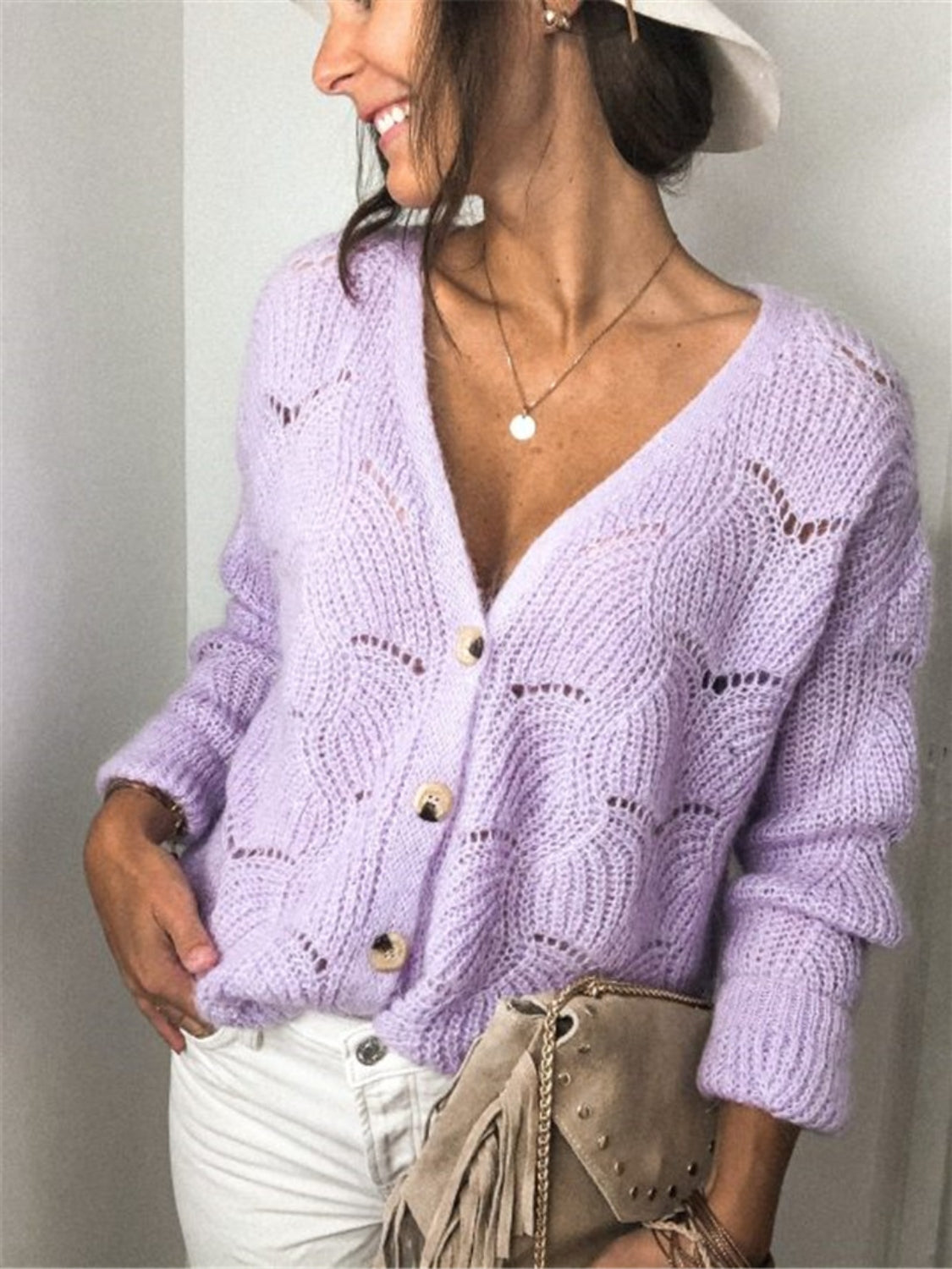 Openwork Button Up Long Sleeve Cardigan - The Boutie Shop