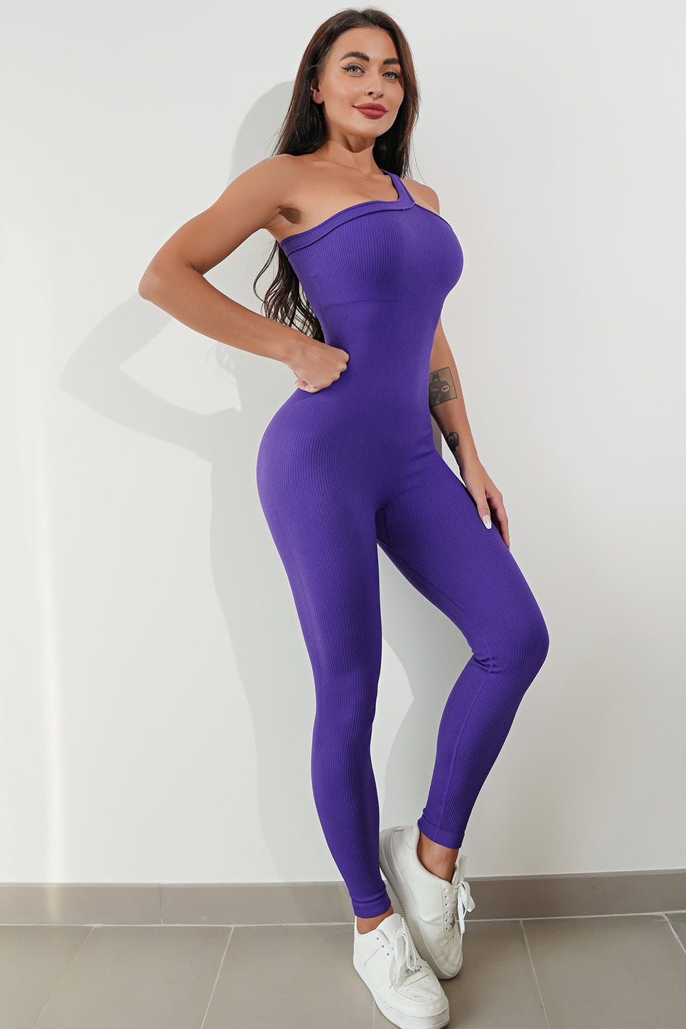 Asymmetrical Neck Wide Strap Active Jumpsuit - The Boutie Shop