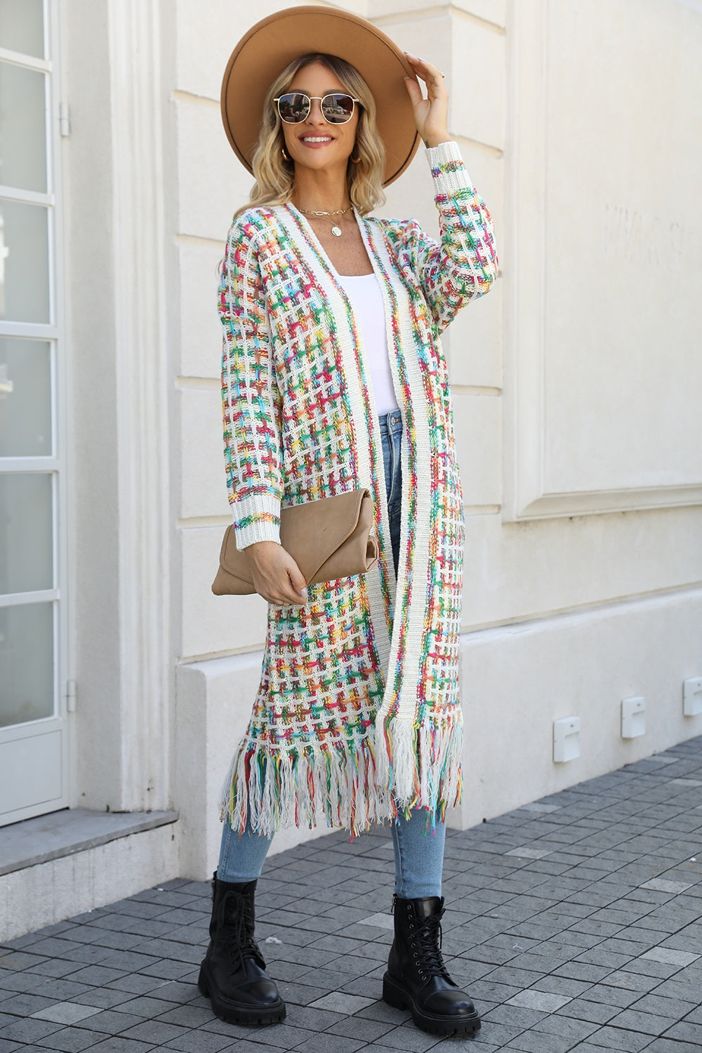 Angel Wings Full Size Multicolored Open Front Fringe Hem Cardigan - The Boutie Shop