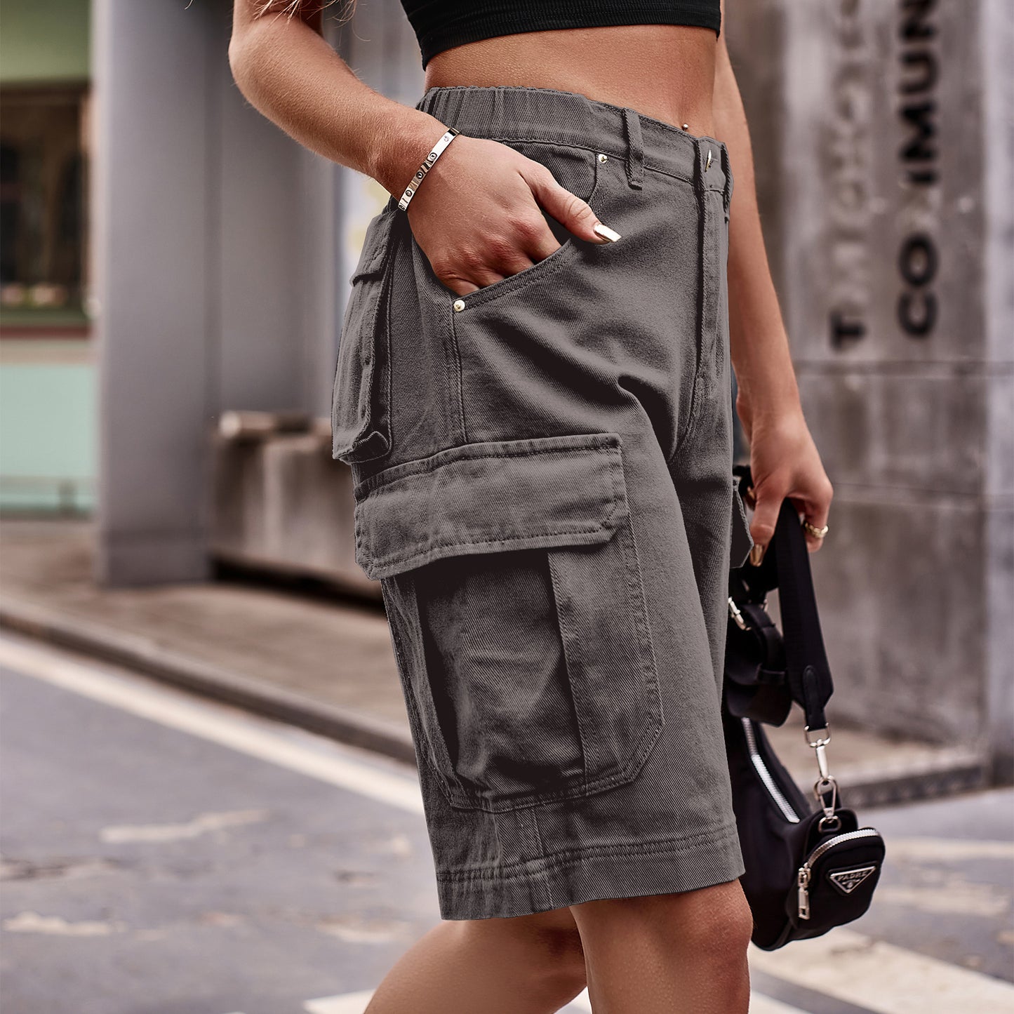 Denim Cargo Shorts with Pockets - The Boutie Shop