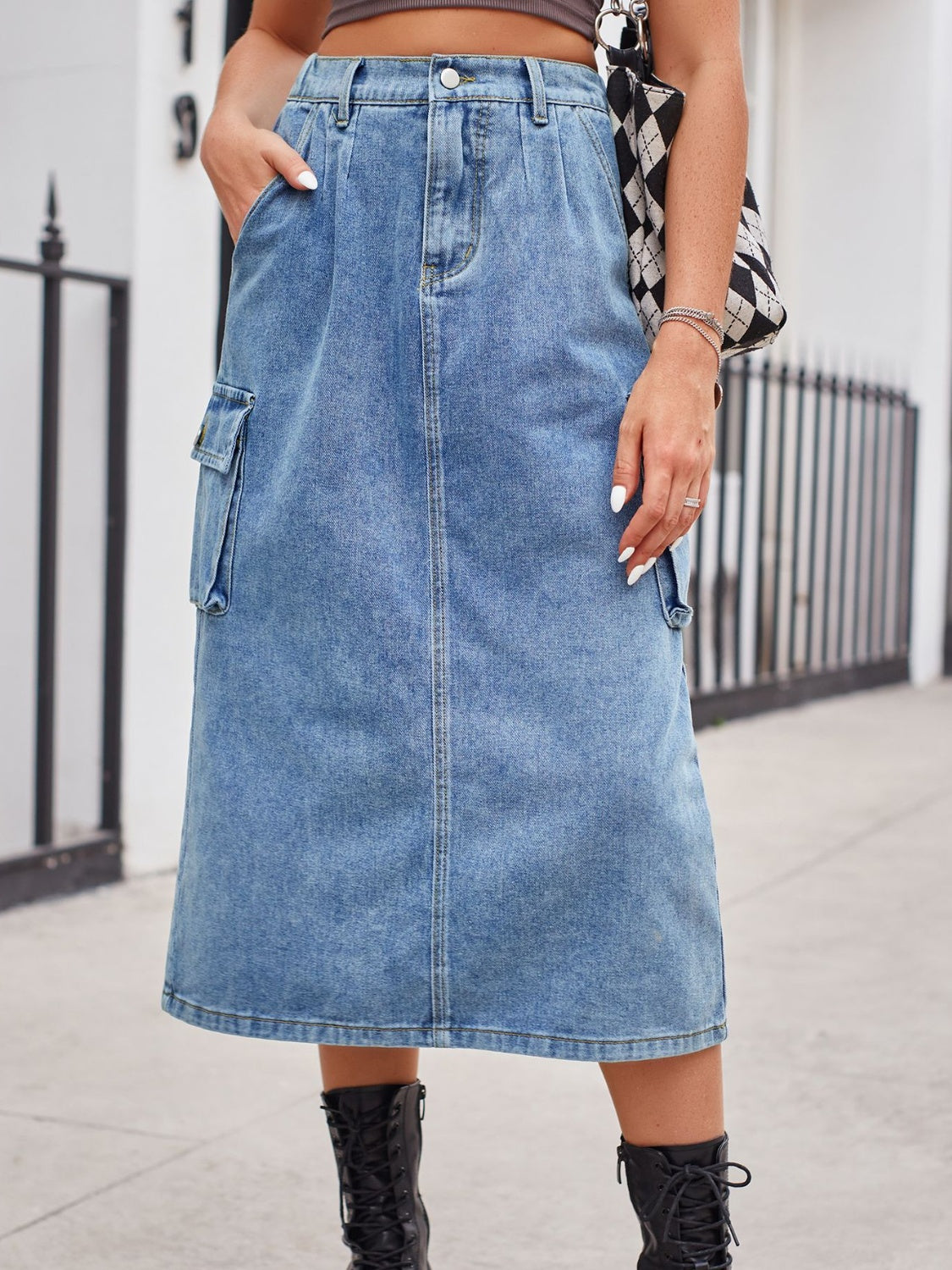 Slit Buttoned Denim Skirt with Pockets - The Boutie Shop