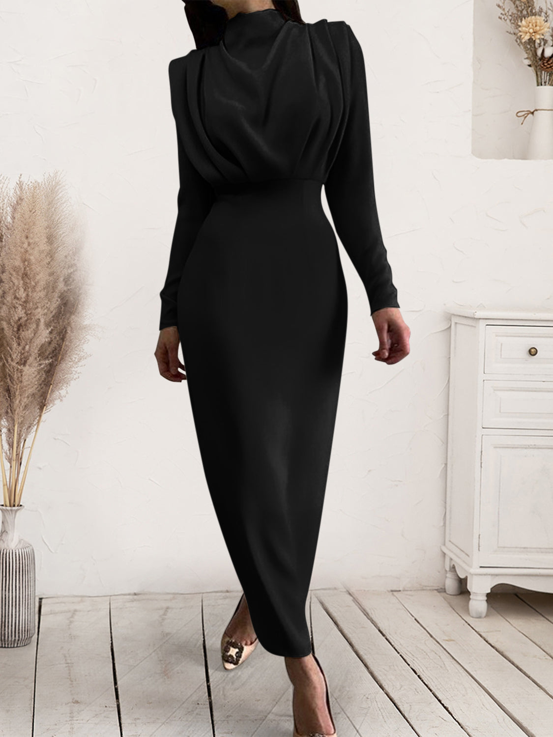 Ruched Turtleneck Long Sleeve Dress - The Boutie Shop