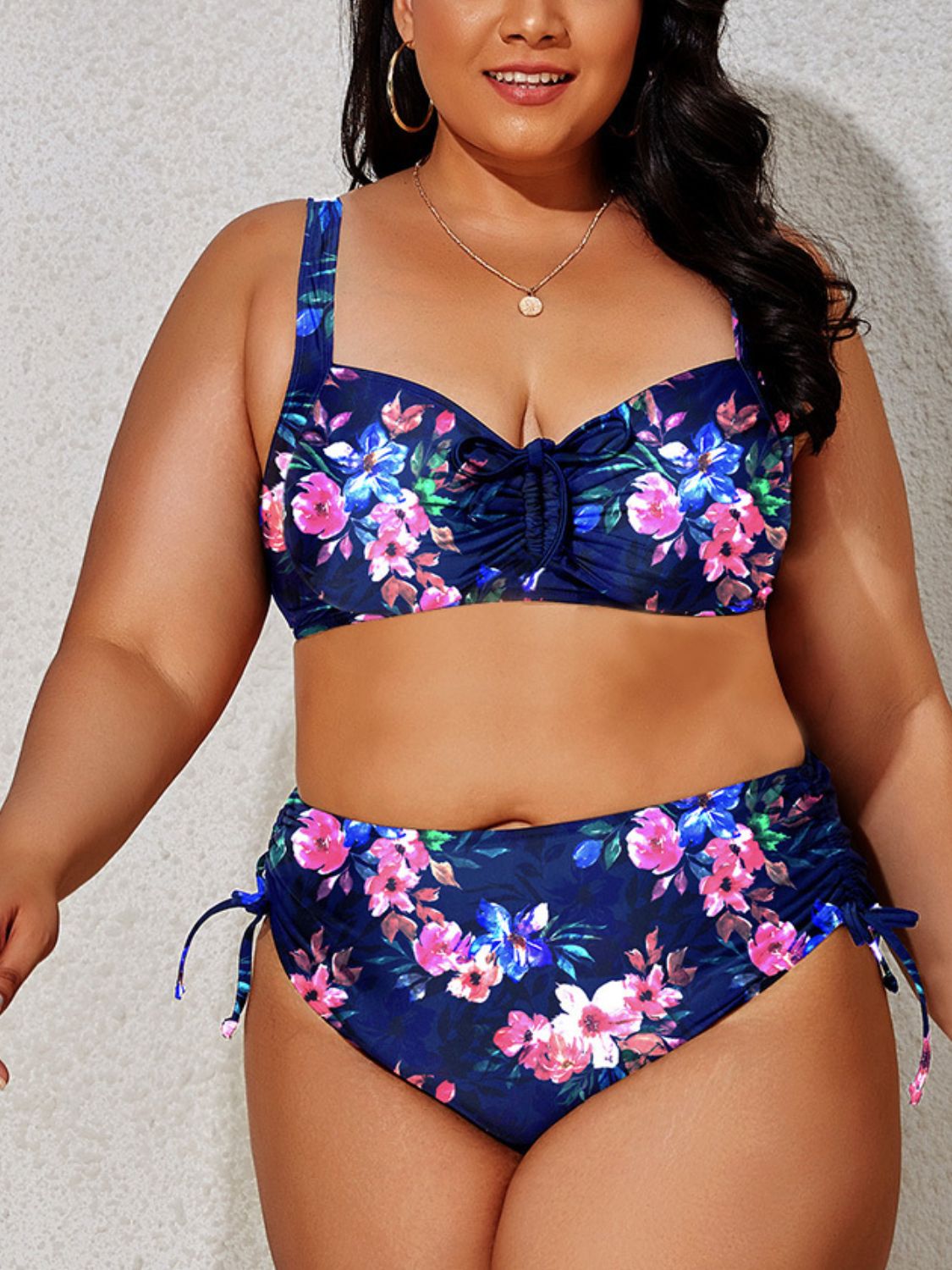 Plus Size Printed Drawstring Detail Bikini Set - The Boutie Shop