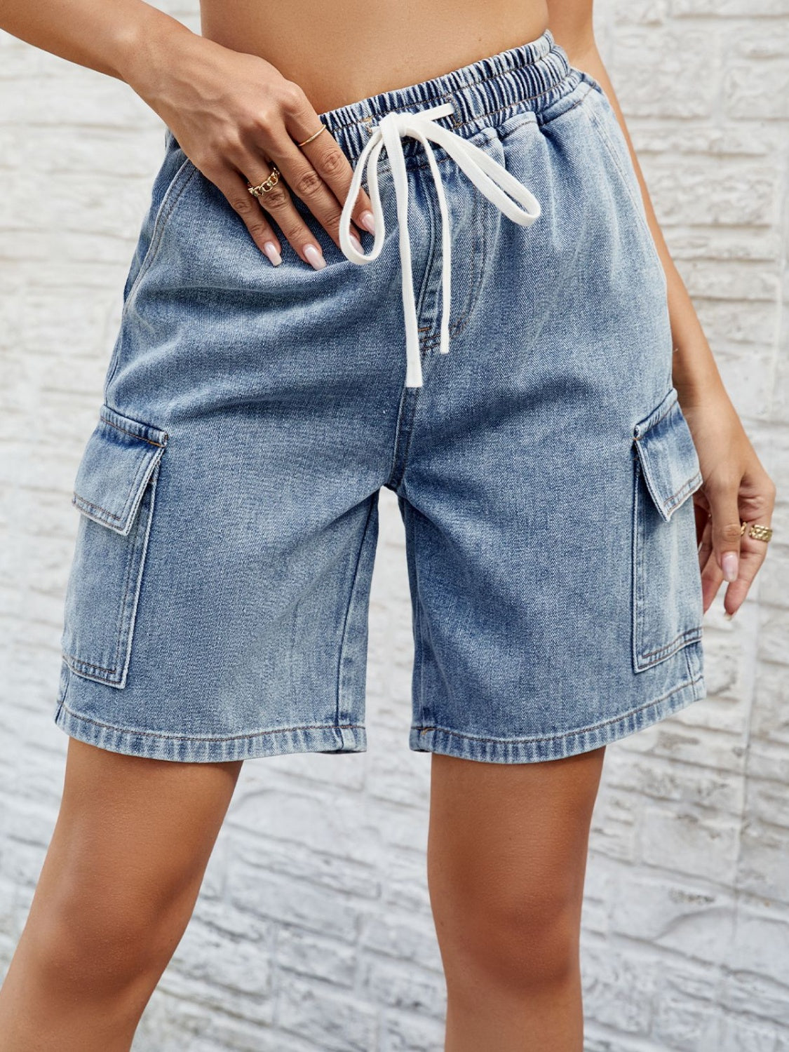 Drawstring Denim Shorts with Pockets - The Boutie Shop