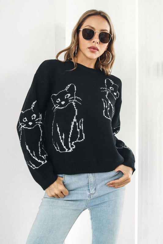 Cat Pattern Round Neck Long Sleeve Pullover Sweater - The Boutie Shop