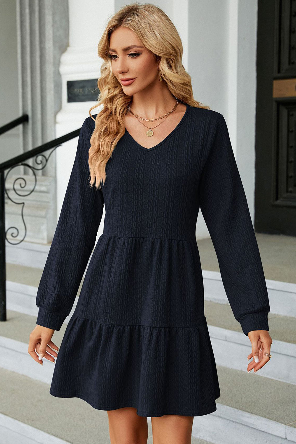 V-Neck Long Sleeve Mini Dress - The Boutie Shop