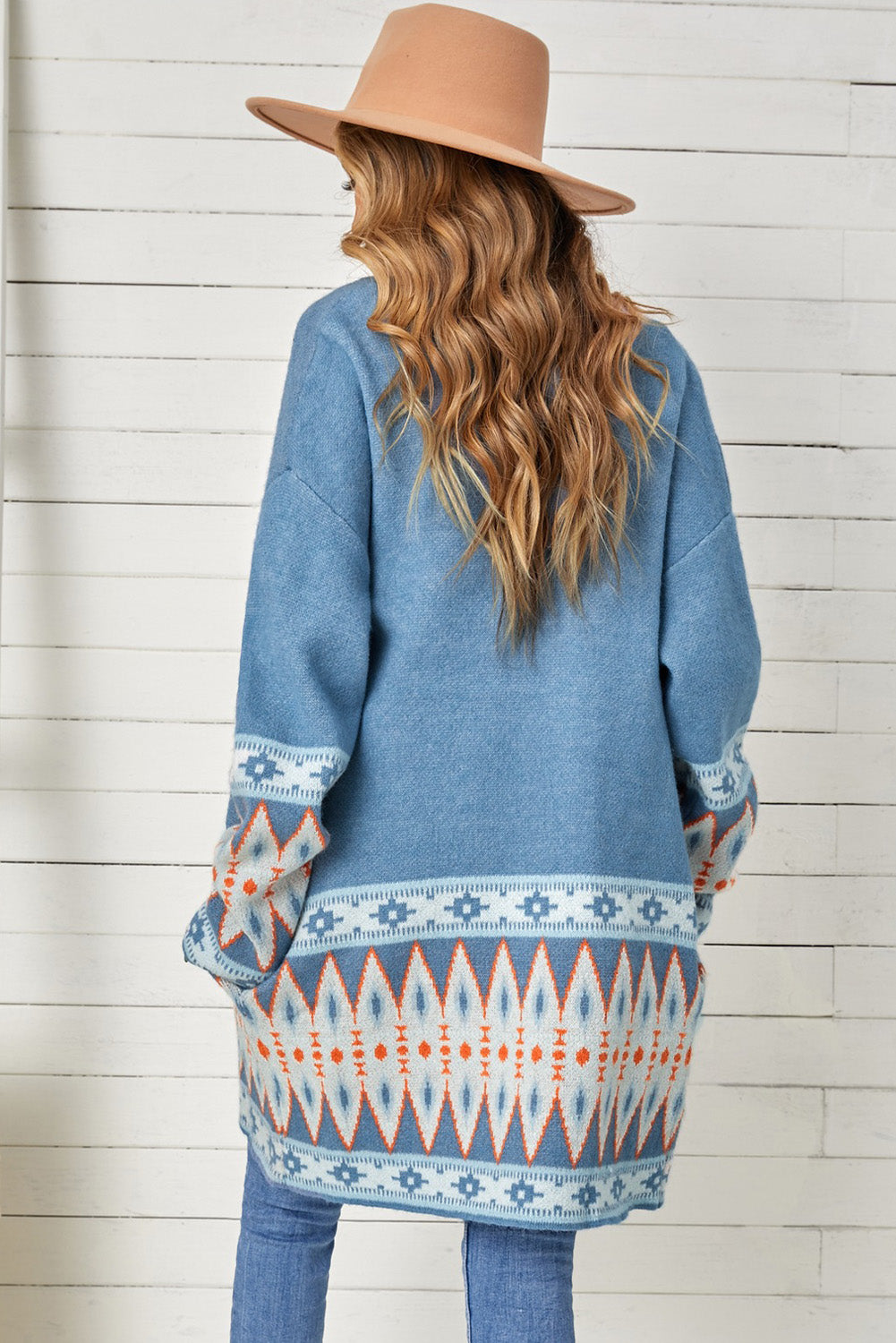 Geometric Open Front Long Sleeve Cardigan - The Boutie Shop