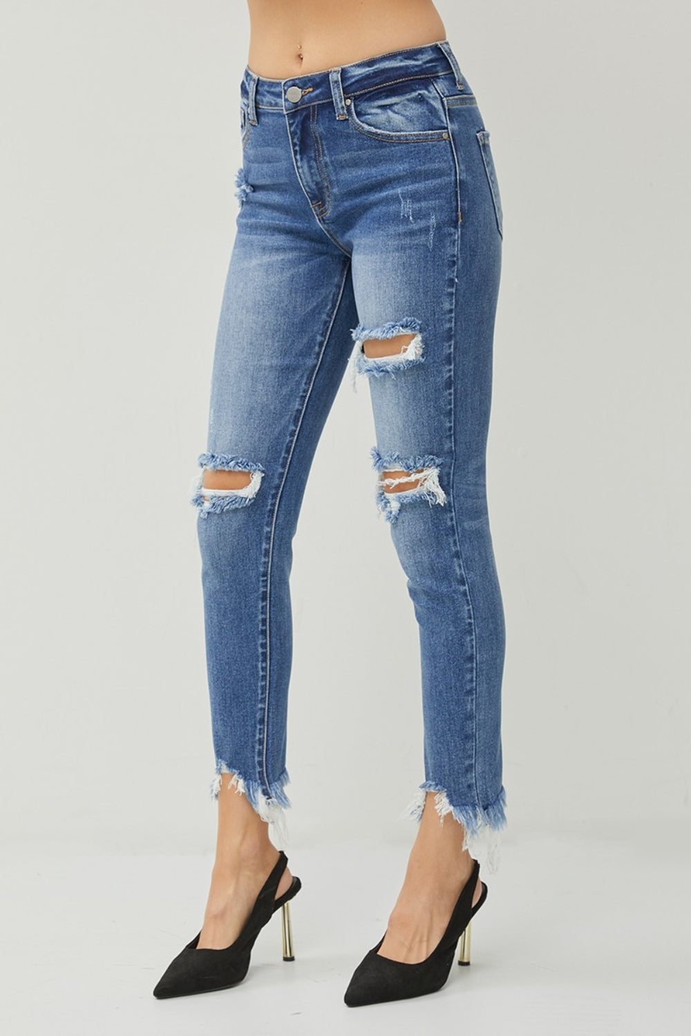 RISEN Distressed Frayed Hem Slim Jeans - The Boutie Shop