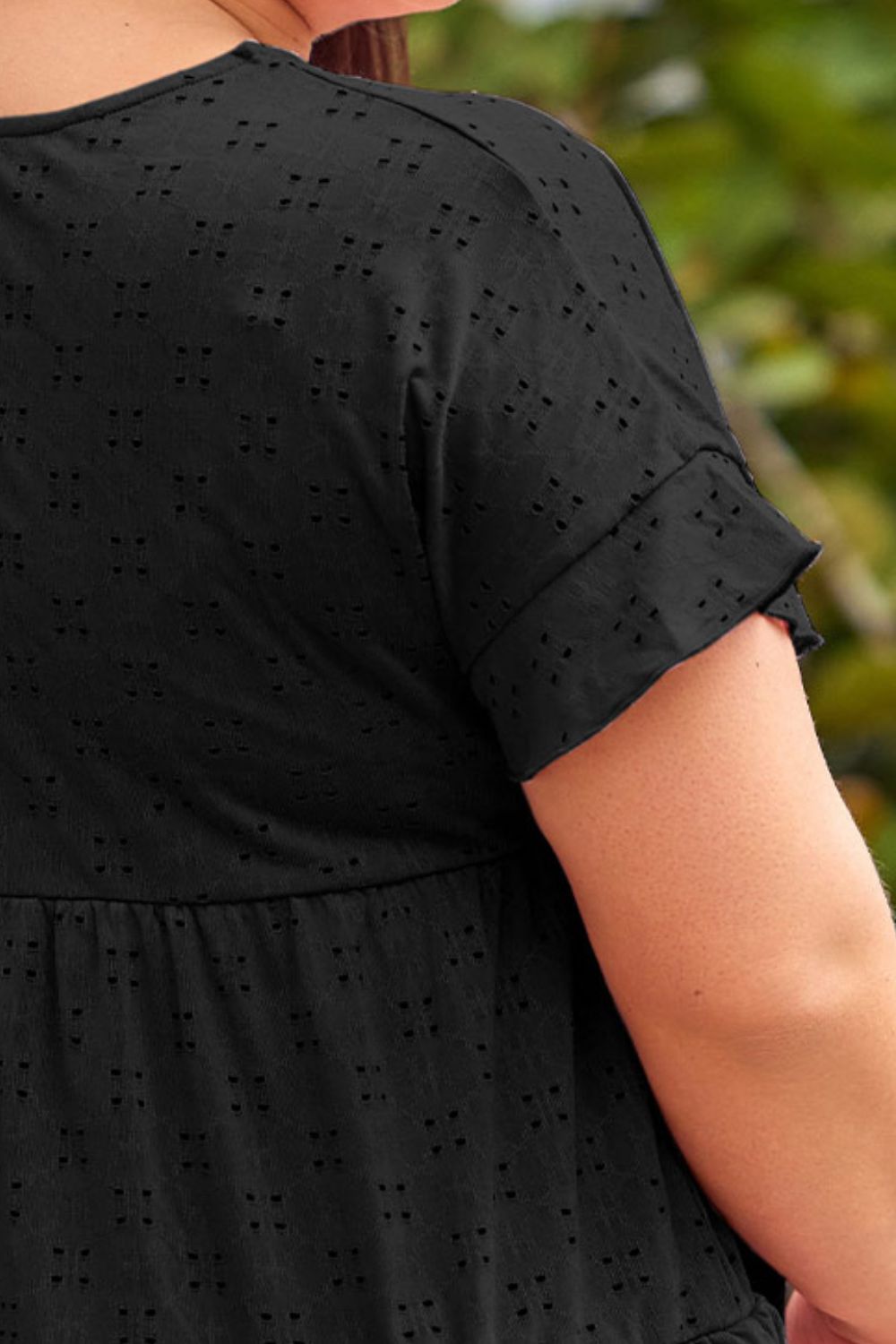 Plus Size Eyelet Round Neck Short Sleeve Blouse - The Boutie Shop