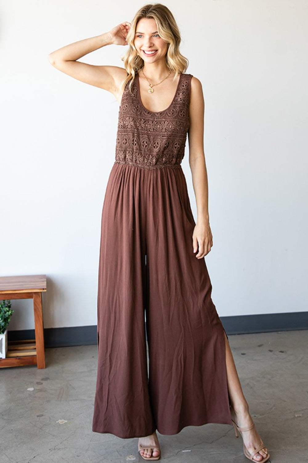 First Love Tie Back Sleeveless Slit Wide Leg Jumpsuit - The Boutie Shop