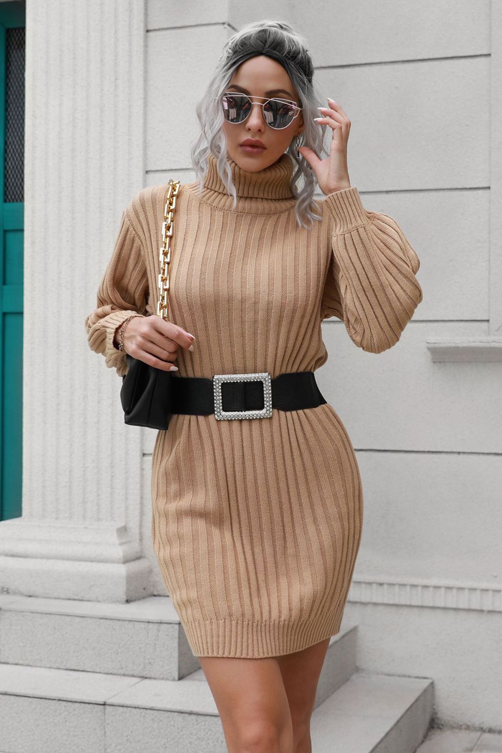 Ribbed Turtle Neck Long Sleeve Mini Sweater Dress - The Boutie Shop