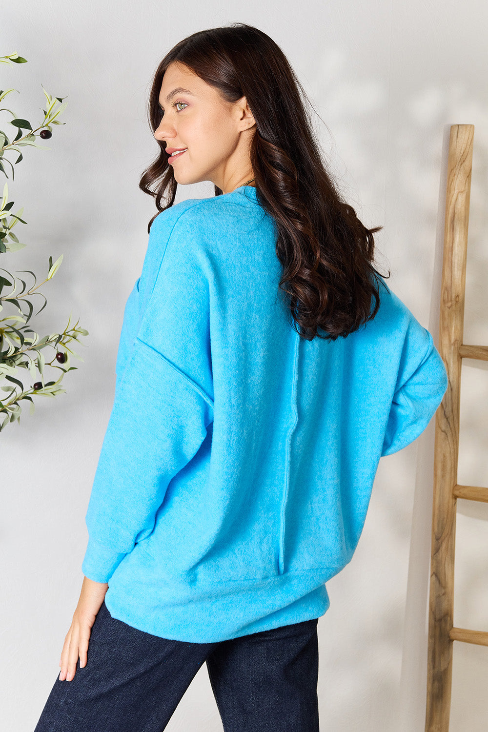 Zenana Round Neck Long Sleeve Sweater with Pocket - The Boutie Shop