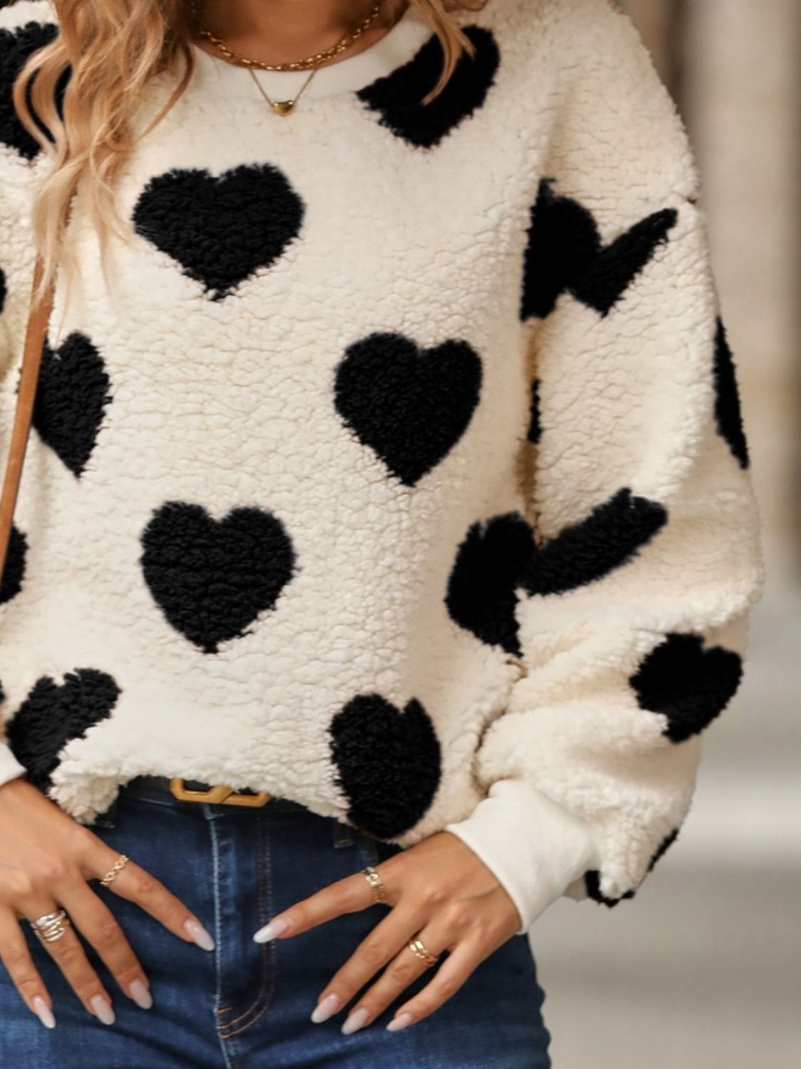 Fuzzy Heart Dropped Shoulder Sweatshirt - The Boutie Shop