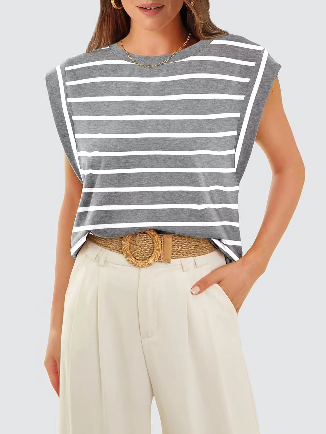 Striped Round Neck Cap Sleeve T-Shirt - The Boutie Shop