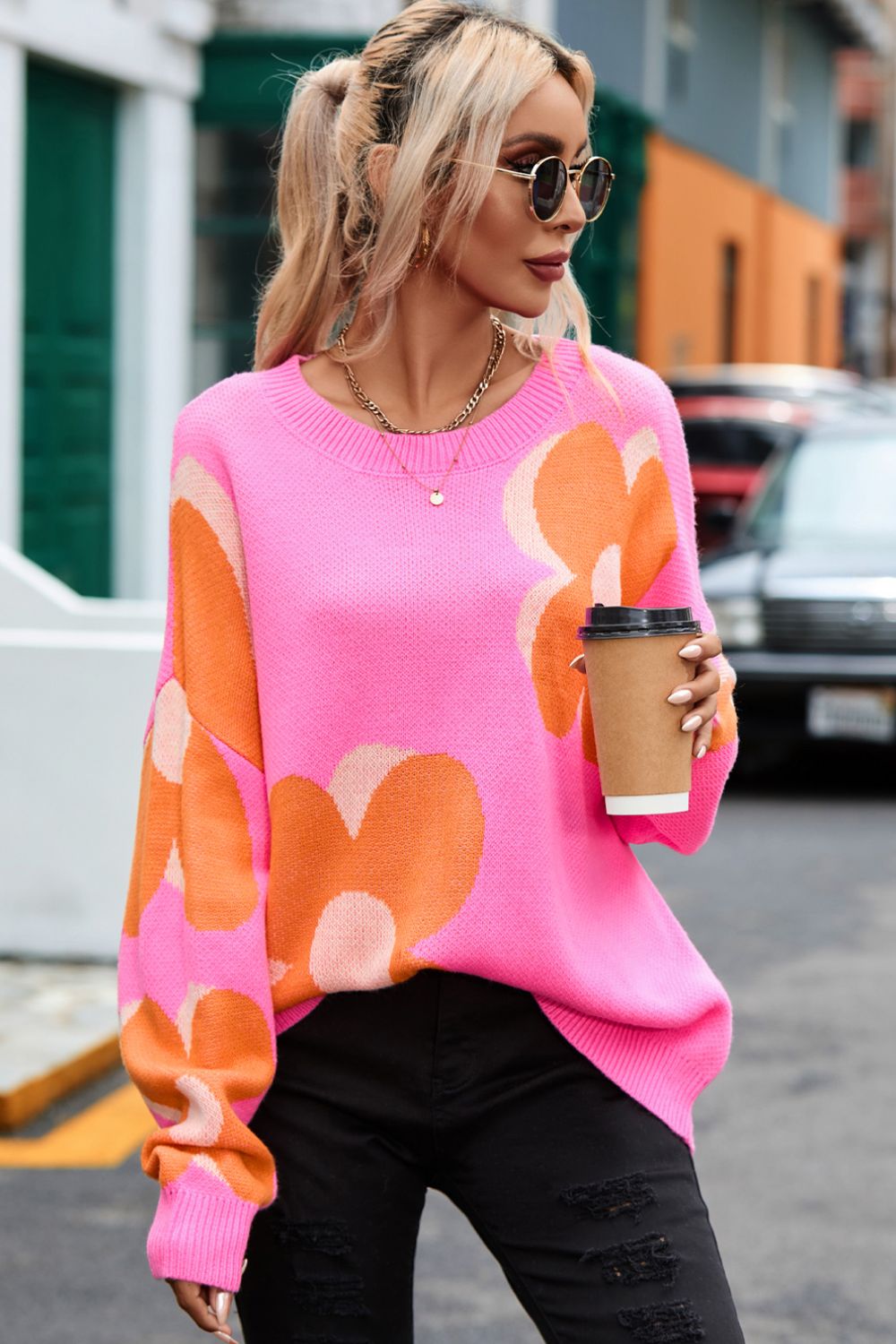 Flower Round Neck Dropped Shoulder Sweater - The Boutie Shop