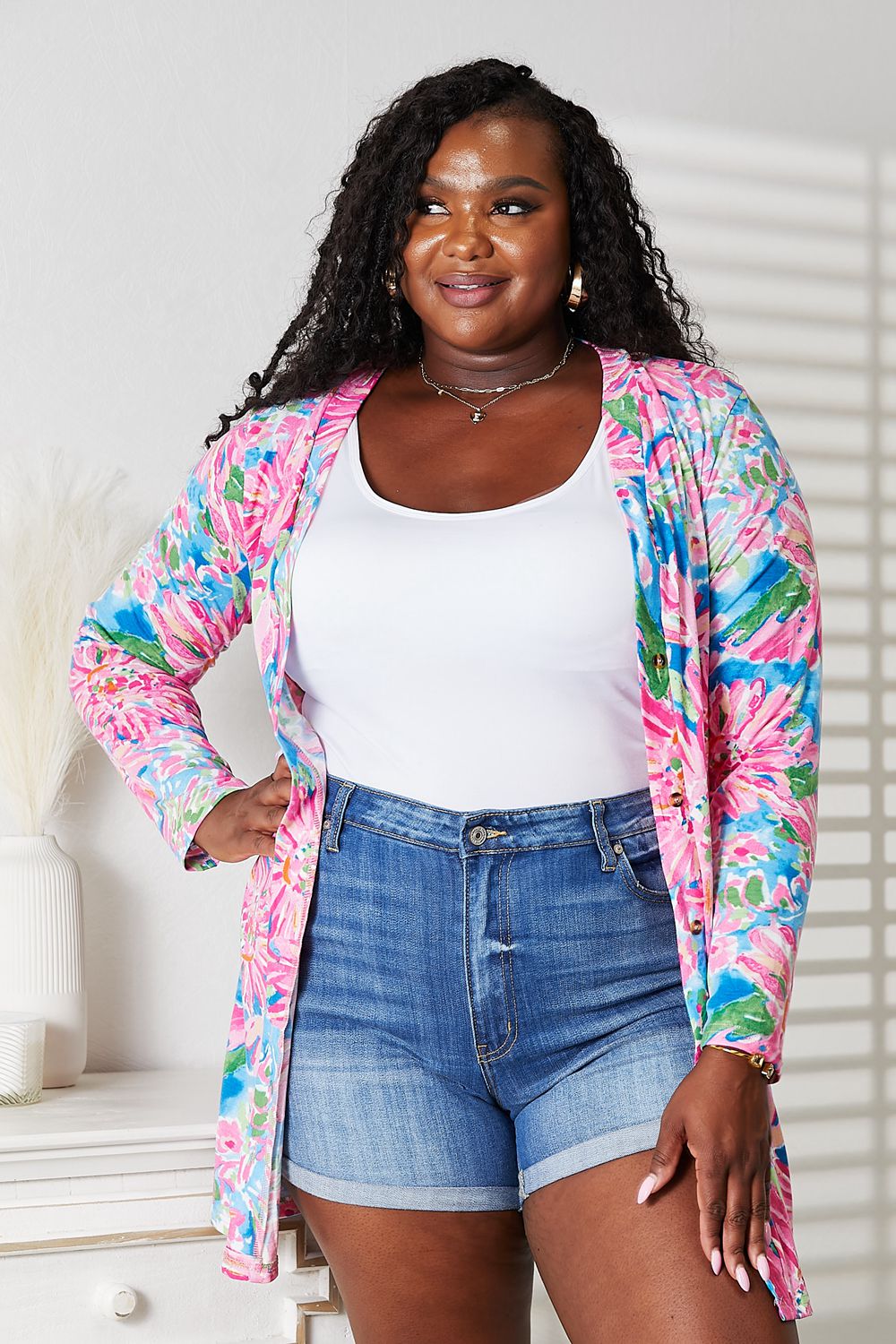 Double Take Floral Open Front Long Sleeve Cardigan - The Boutie Shop