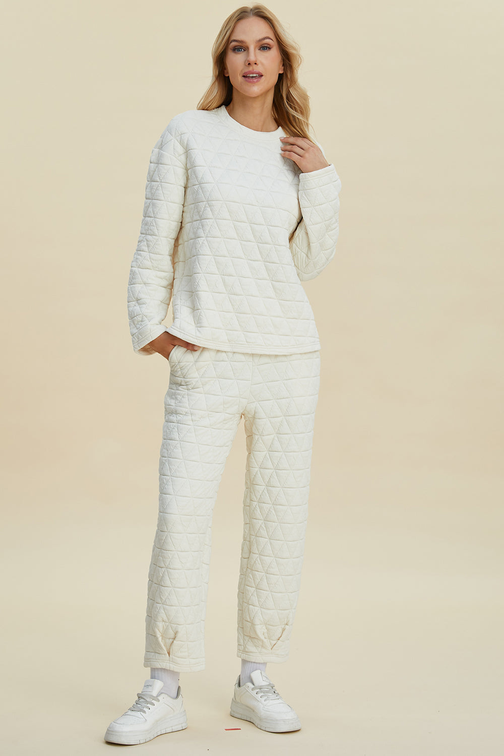 Double Take Full Size Texture Round Neck Long Sleeve Top and Pants Set - The Boutie Shop